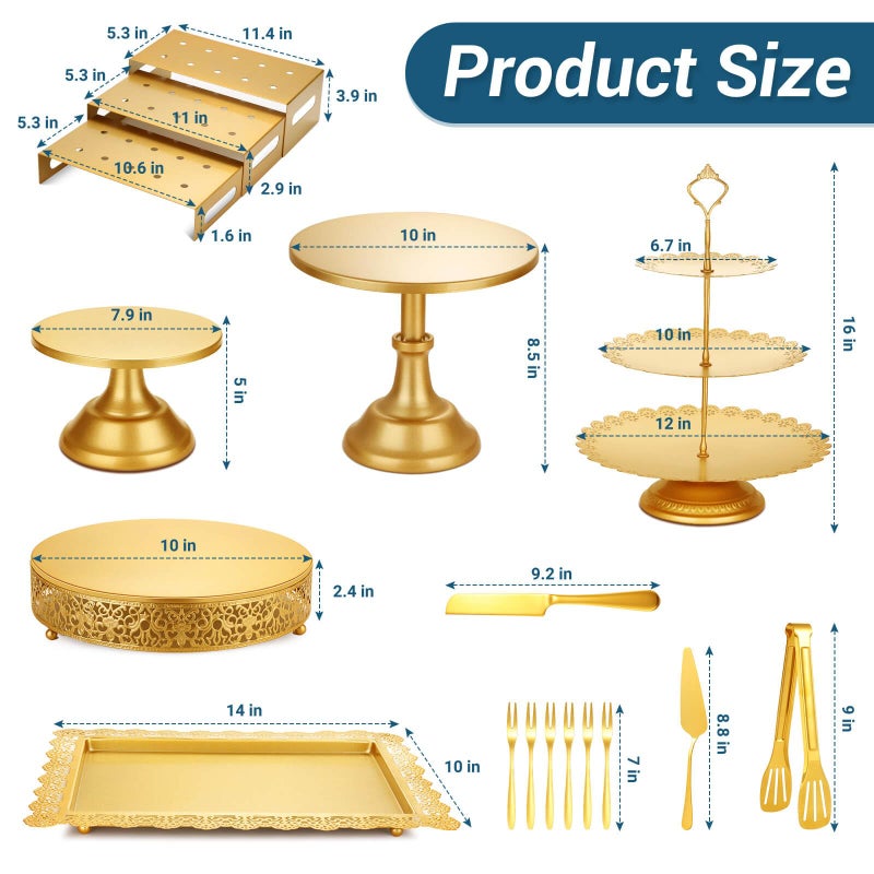 Audab Metal Gold Dessert Table Display Set Including Cake Stands, Cupcake Tower Stand, Dessert Tray, Risers Stands, Cake Cutting Set and Serving Tongs for Wedding, Birthday Party Decor - Image 2