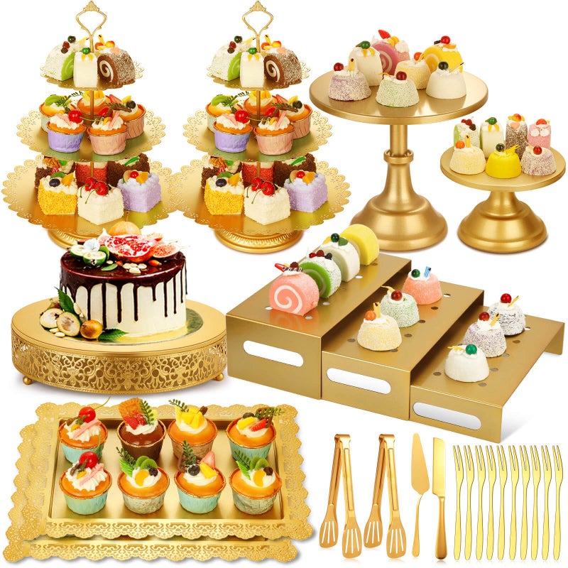 Audab Metal Gold Dessert Table Display Set Including Cake Stands, Cupcake Tower Stand, Dessert Tray, Risers Stands, Cake Cutting Set and Serving Tongs for Wedding, Birthday Party Decor - Image 1