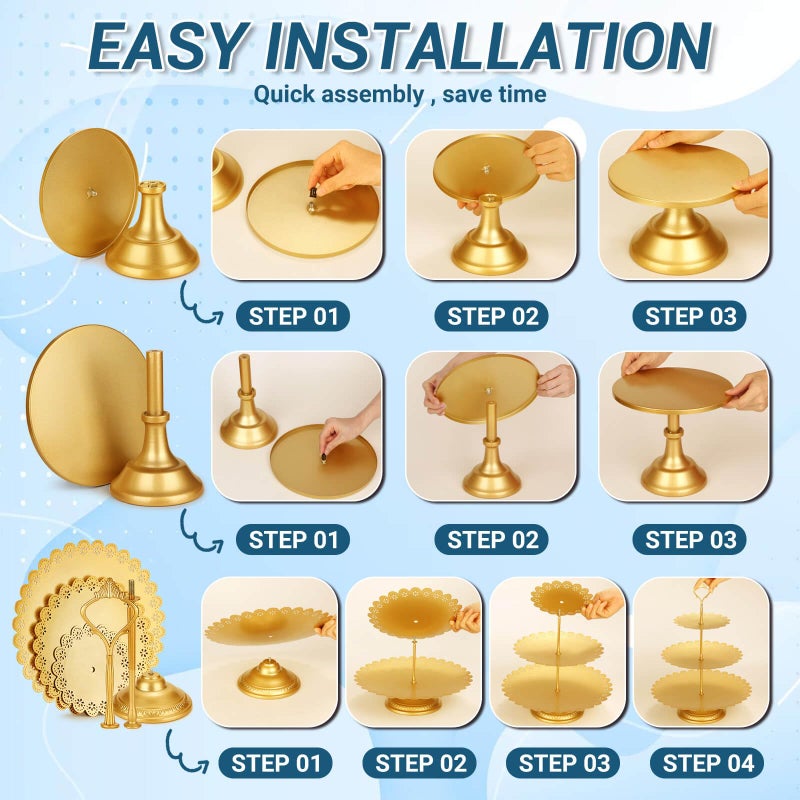 Audab Metal Gold Dessert Table Display Set Including Cake Stands, Cupcake Tower Stand, Dessert Tray, Risers Stands, Cake Cutting Set and Serving Tongs for Wedding, Birthday Party Decor - Image 4