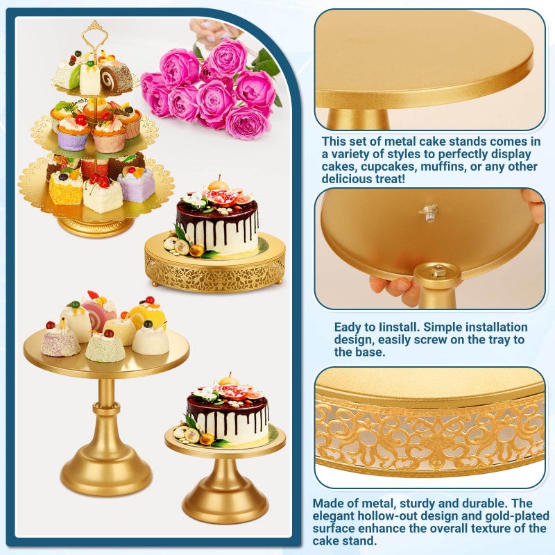 Audab Metal Gold Dessert Table Display Set Including Cake Stands, Cupcake Tower Stand, Dessert Tray, Risers Stands, Cake Cutting Set and Serving Tongs for Wedding, Birthday Party Decor - Image 3
