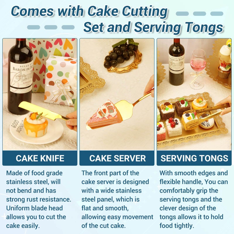 Audab Metal Gold Dessert Table Display Set Including Cake Stands, Cupcake Tower Stand, Dessert Tray, Risers Stands, Cake Cutting Set and Serving Tongs for Wedding, Birthday Party Decor - Image 5