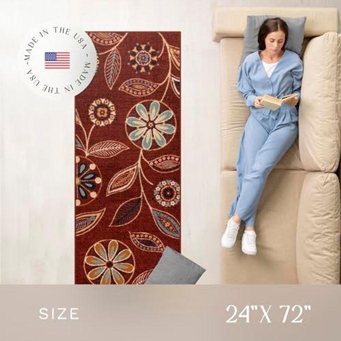 Maples Rugs Reggie Floral Runner Rug Made in USA Washable, Non Slip Indoor Carpet for Kitchen, Hallway, and Laundry Room, 2' x 6', Merlot - Image 3