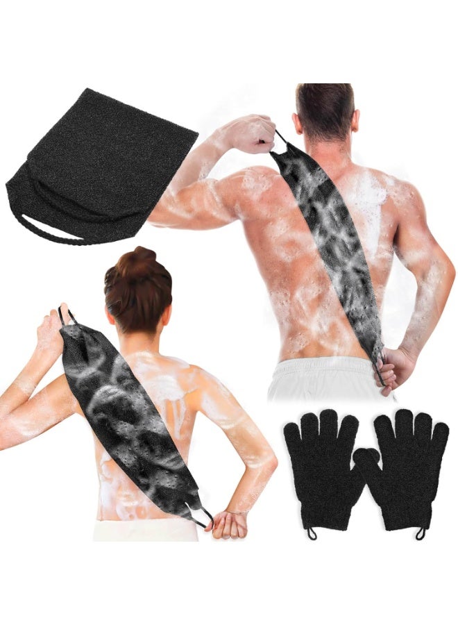 Exfoliating Back Scrubber Bath Gloves Set, Exfoliating Shower Towel with Shower Gloves for Body Scrub, Back Cleaner Wash Gloves to Remove Dead Skin (Black) - Image 1