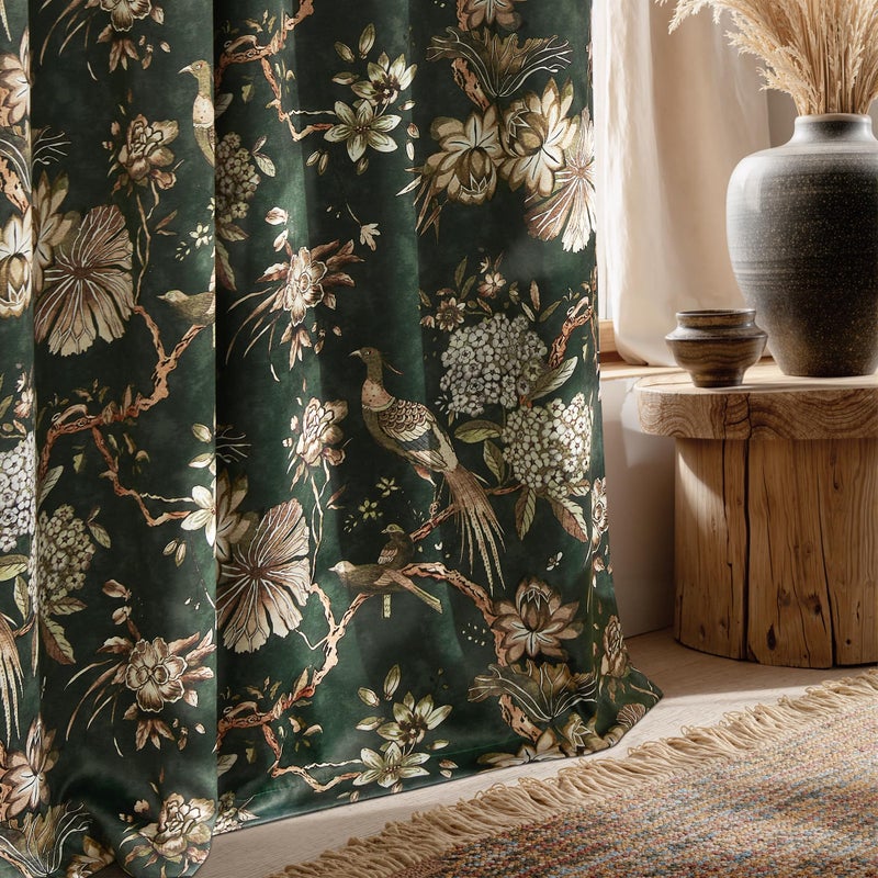 StangH Green 100% Blackout Floral Curtains 84 Inches Long, Printed Vintage Bird Pattern Thermal Insulated Cottage Backtab Drapes for Living Room/Bedroom/Sliding Door, W52xL84 Inchesï¼Œ2 Panels - Image 2