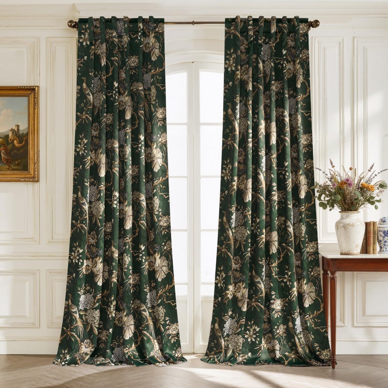 StangH Green 100% Blackout Floral Curtains 84 Inches Long, Printed Vintage Bird Pattern Thermal Insulated Cottage Backtab Drapes for Living Room/Bedroom/Sliding Door, W52xL84 Inchesï¼Œ2 Panels - Image 1