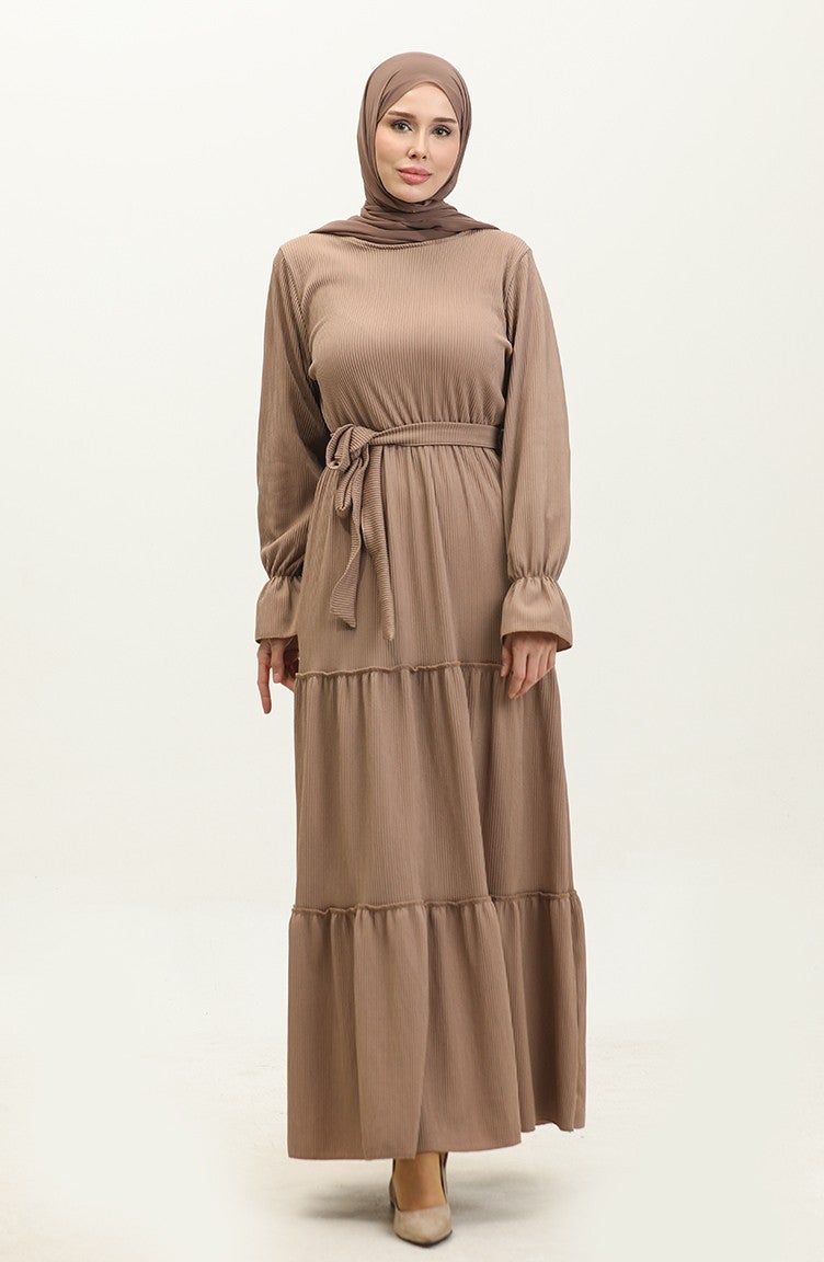 Sefa Merve Flounce Sleeve Belted Dress 0304-06 Mink  - Image 2