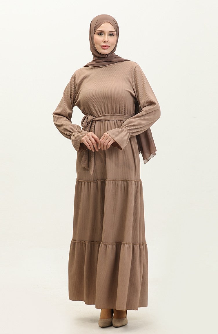 Sefa Merve Flounce Sleeve Belted Dress 0304-06 Mink  - Image 1