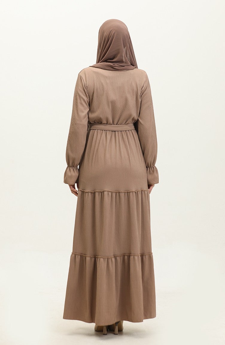 Sefa Merve Flounce Sleeve Belted Dress 0304-06 Mink  - Image 5