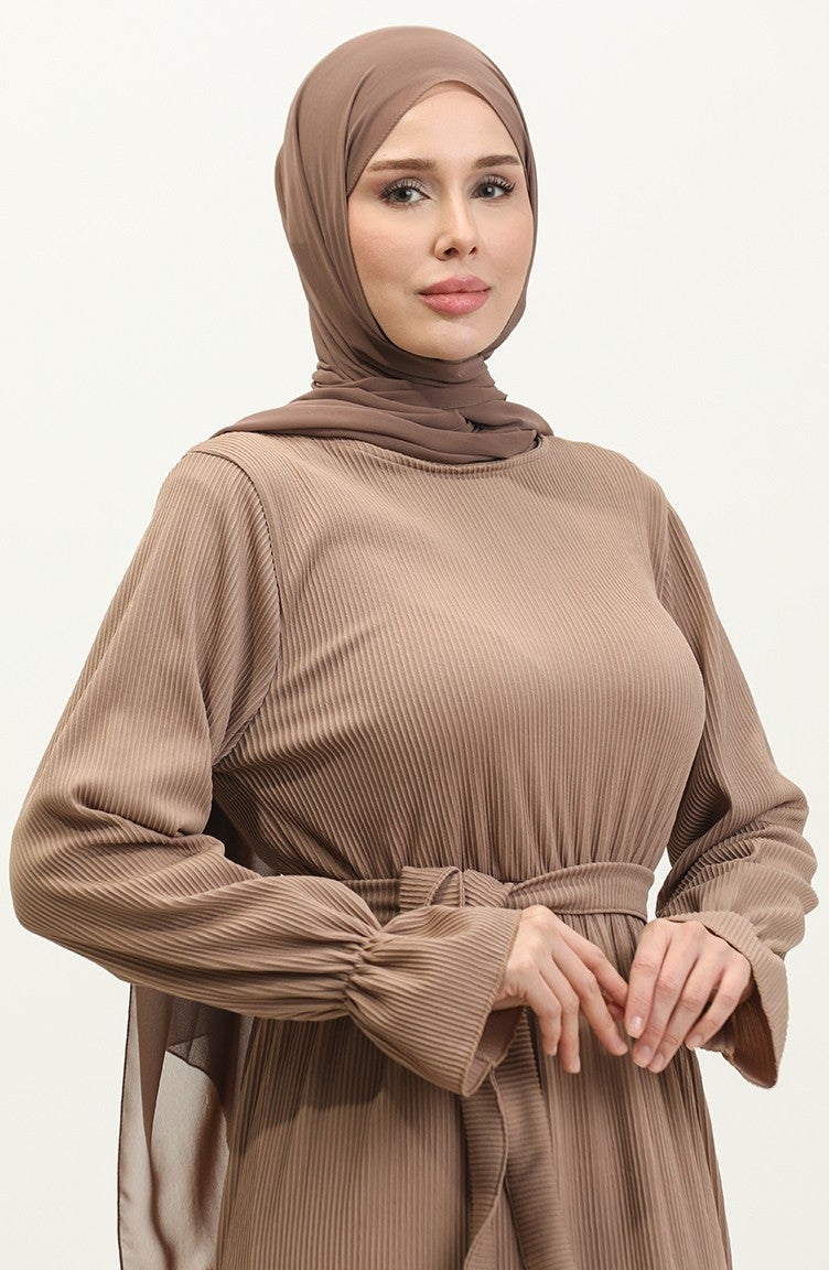 Sefa Merve Flounce Sleeve Belted Dress 0304-06 Mink  - Image 3