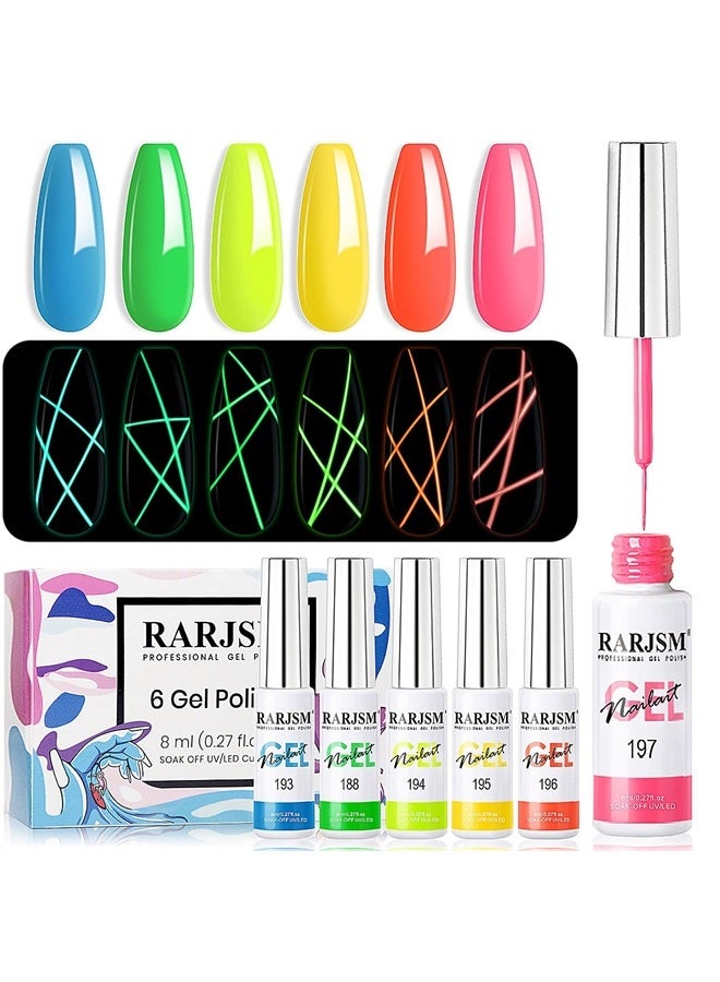 RARJSM Gel Nail Art Polish, Glow In The Dark Gel Liner Art Set Luminous Painting Gel For Nail Art Fluorescent Bright Colors Hot Pink Neon Yellow Green Blue Orange Nail Art Kit For Christmas - Image 1