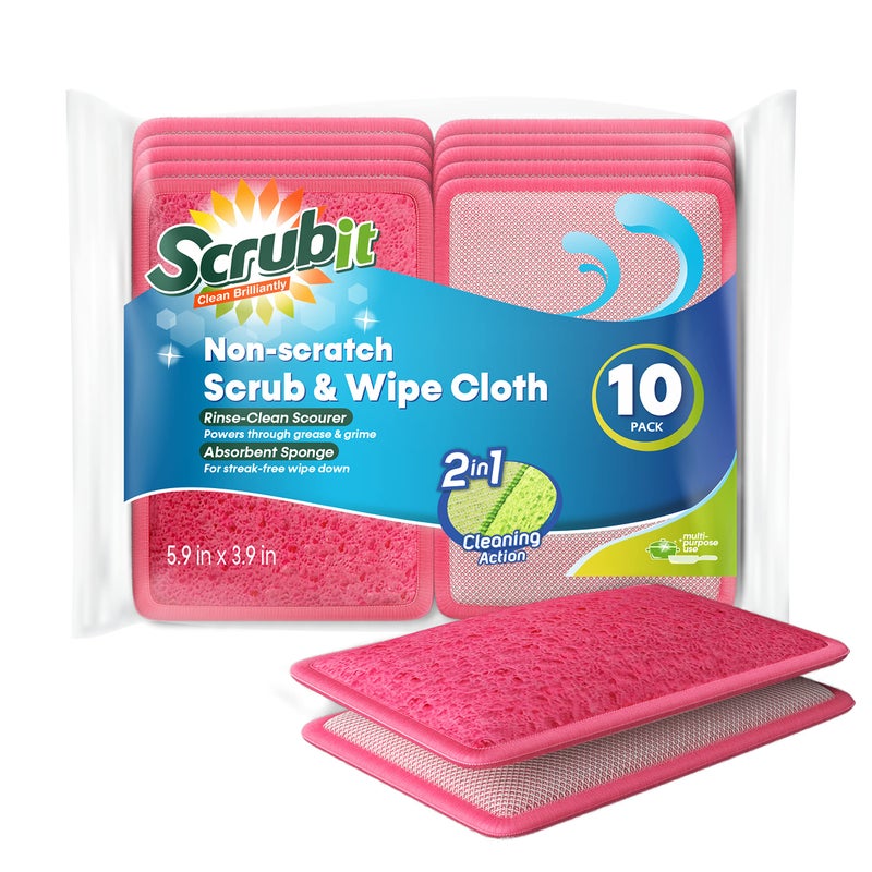 Scrub and Wipe Scrubbing Pads 10 Pack  SCRUBIT Dual Sided Scouring Pad and Sponge  Reusable Kitchen Scrubbing Sponges for Dishes Pots Pans Utensils  NonStick Cookware Pink