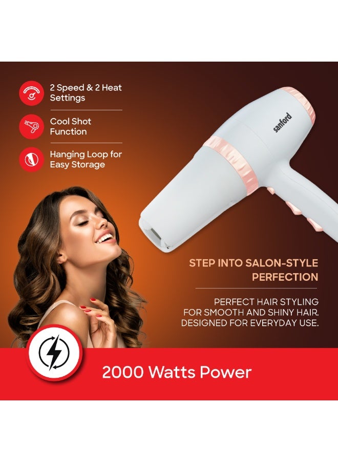 سانفورد مجفف شعر احترافي، محرك تيار متردد قوي 2000 واط، وضعي تجفيف مزدوجين 2 في 1 (كلاسيكي/نفقي)، وظيفة نفخة باردة، 2 سرعة و3 إعدادات للحرارة، تدفق هواء مركز - Image 3