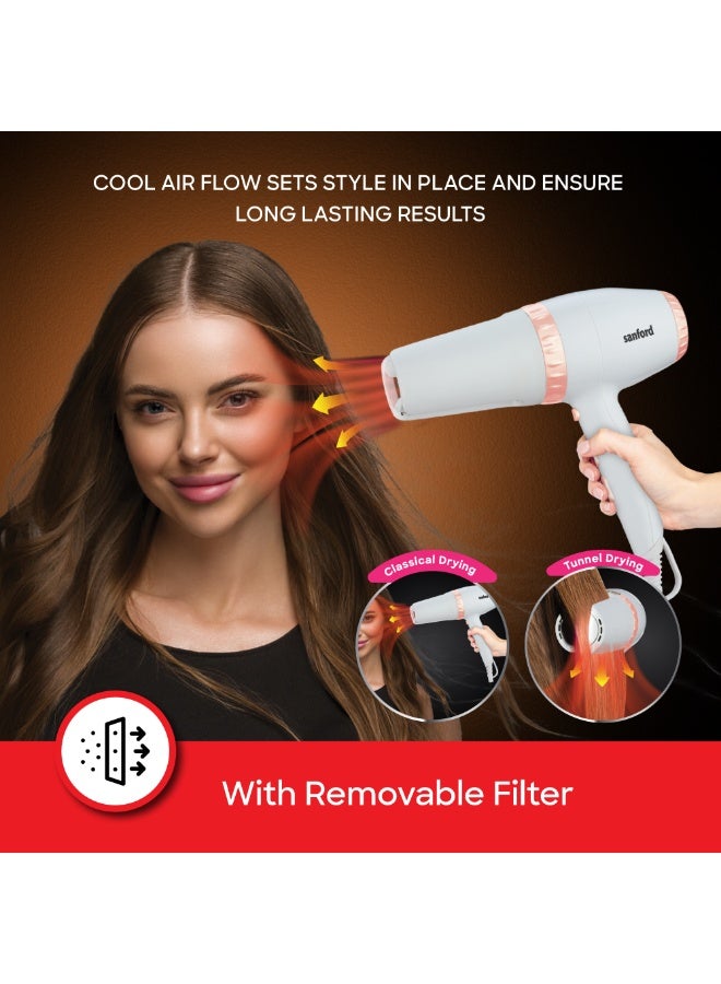 سانفورد مجفف شعر احترافي، محرك تيار متردد قوي 2000 واط، وضعي تجفيف مزدوجين 2 في 1 (كلاسيكي/نفقي)، وظيفة نفخة باردة، 2 سرعة و3 إعدادات للحرارة، تدفق هواء مركز - Image 5