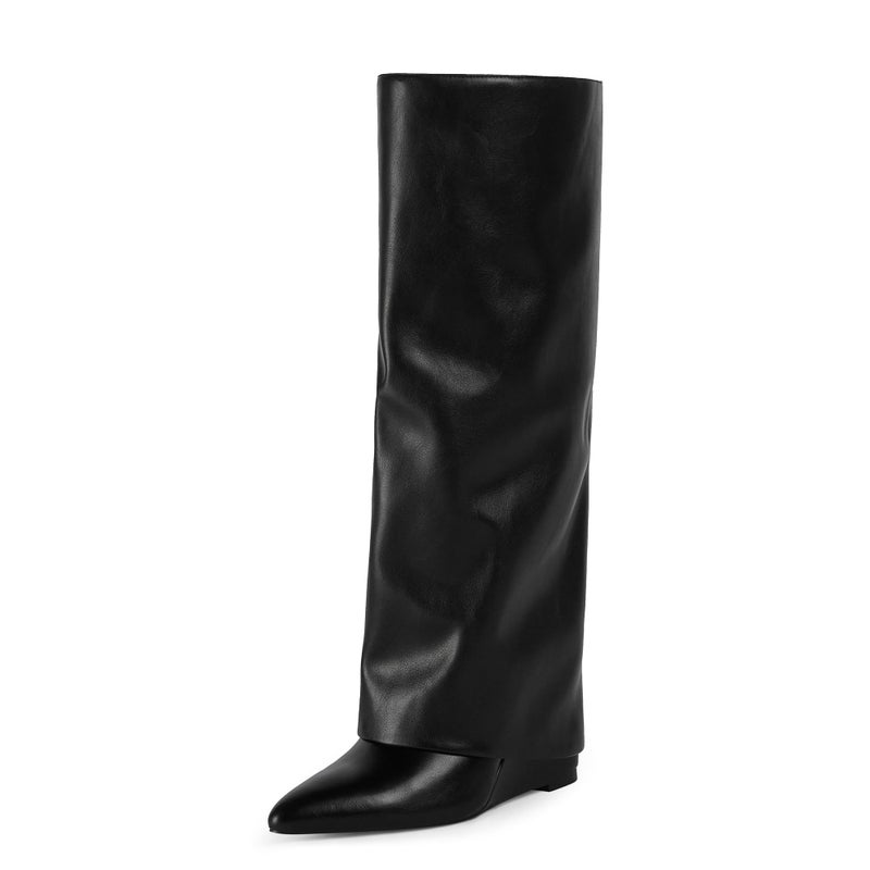 Modatope Black Slouchy Knee High Boots for Women Fall Fold Over Shark Boots Pointed Toe Wedge Heel Tall Long Boots Size 8 - Image 1