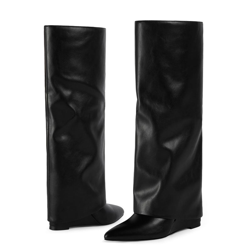 Modatope Black Slouchy Knee High Boots for Women Fall Fold Over Shark Boots Pointed Toe Wedge Heel Tall Long Boots Size 8 - Image 5