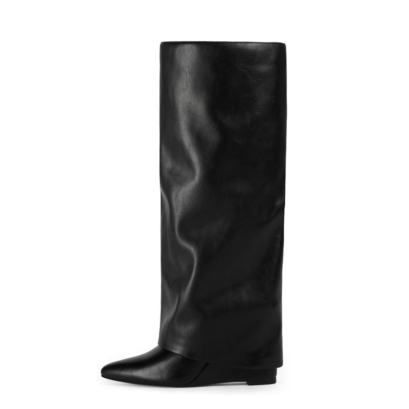 Modatope Black Slouchy Knee High Boots for Women Fall Fold Over Shark Boots Pointed Toe Wedge Heel Tall Long Boots Size 8 - Image 4