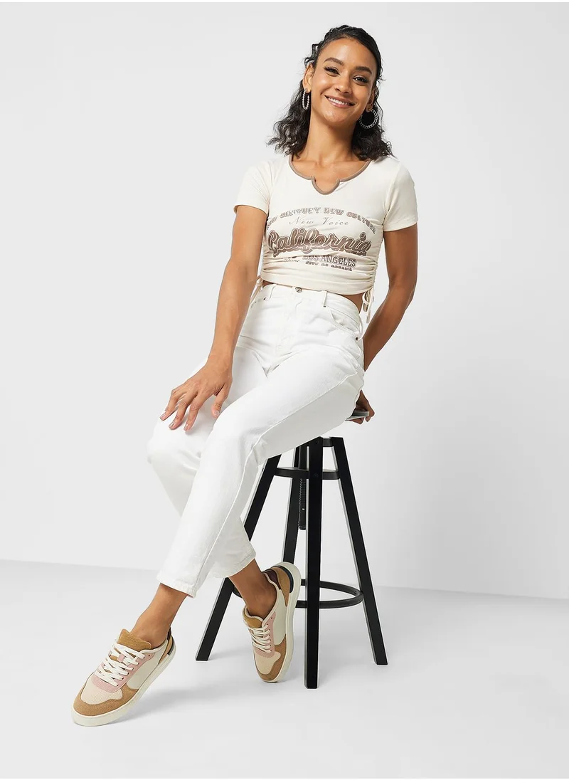 Ginger Ruched Tie Up Graphic T Shirt