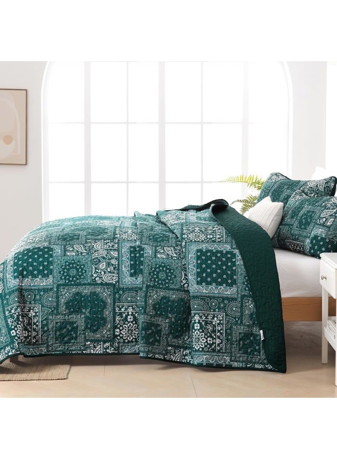 Cottolester Queen Quilt Set 3 Pieces,Emerald Green Patchwork Quilt Set,Boho Farmhouse Bedspread Soft Microfiber Bedding Set 96"x90" - Image 5