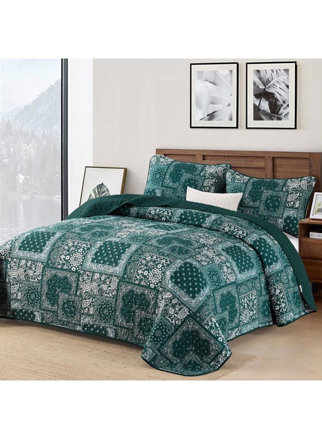 Cottolester Queen Quilt Set 3 Pieces,Emerald Green Patchwork Quilt Set,Boho Farmhouse Bedspread Soft Microfiber Bedding Set 96"x90" - Image 2