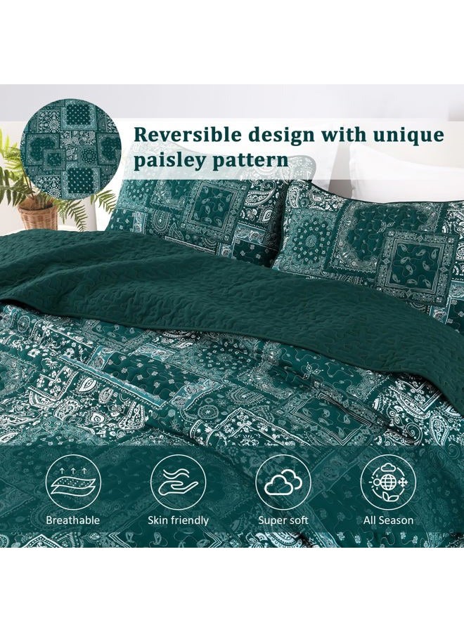 Cottolester Queen Quilt Set 3 Pieces,Emerald Green Patchwork Quilt Set,Boho Farmhouse Bedspread Soft Microfiber Bedding Set 96"x90" - Image 4