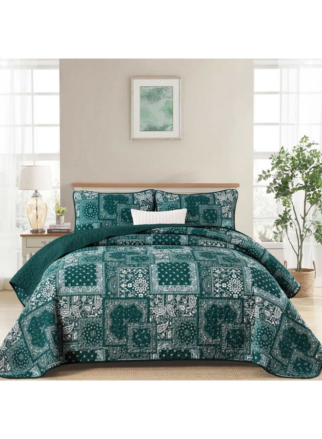 Cottolester Queen Quilt Set 3 Pieces,Emerald Green Patchwork Quilt Set,Boho Farmhouse Bedspread Soft Microfiber Bedding Set 96"x90" - Image 1