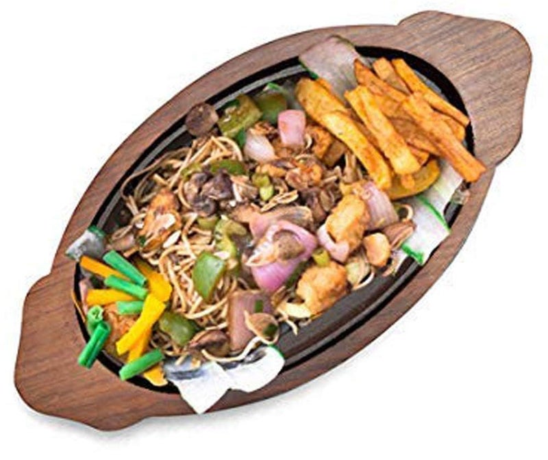 HAINE Serving Dish Sizzler Tray/Plate with Wooden Base, Brown, Pack of 2 - Image 3