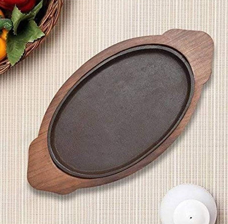 HAINE Serving Dish Sizzler Tray/Plate with Wooden Base, Brown, Pack of 2 - Image 5