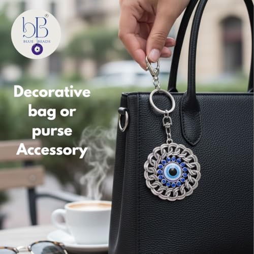 BLUE BEADS Round Blue and Silver Color Evil Eye Keychain For Bike/Car Gifting With Key Ring Anti-Rust (Pack Of 1) - Image 2