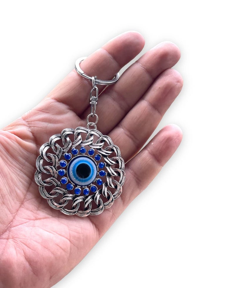 BLUE BEADS Round Blue and Silver Color Evil Eye Keychain For Bike/Car Gifting With Key Ring Anti-Rust (Pack Of 1) - Image 1