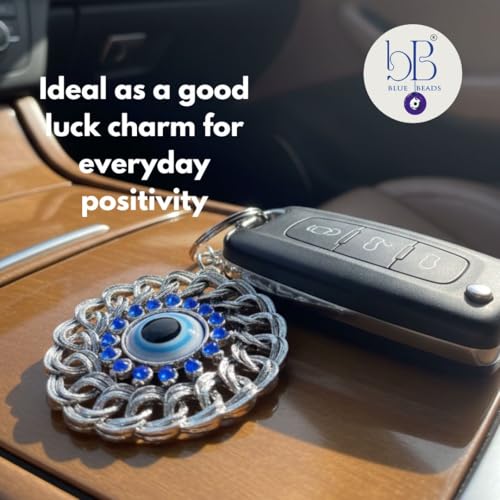 BLUE BEADS Round Blue and Silver Color Evil Eye Keychain For Bike/Car Gifting With Key Ring Anti-Rust (Pack Of 1) - Image 5