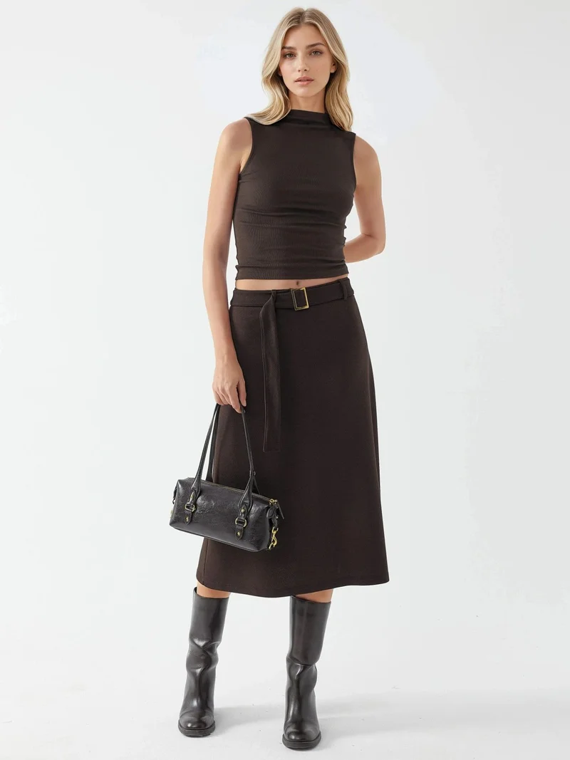 Busem Coffee Brown BUSEM High Waist Midi Skirt with Arched Detail for Women | Best Price UAE