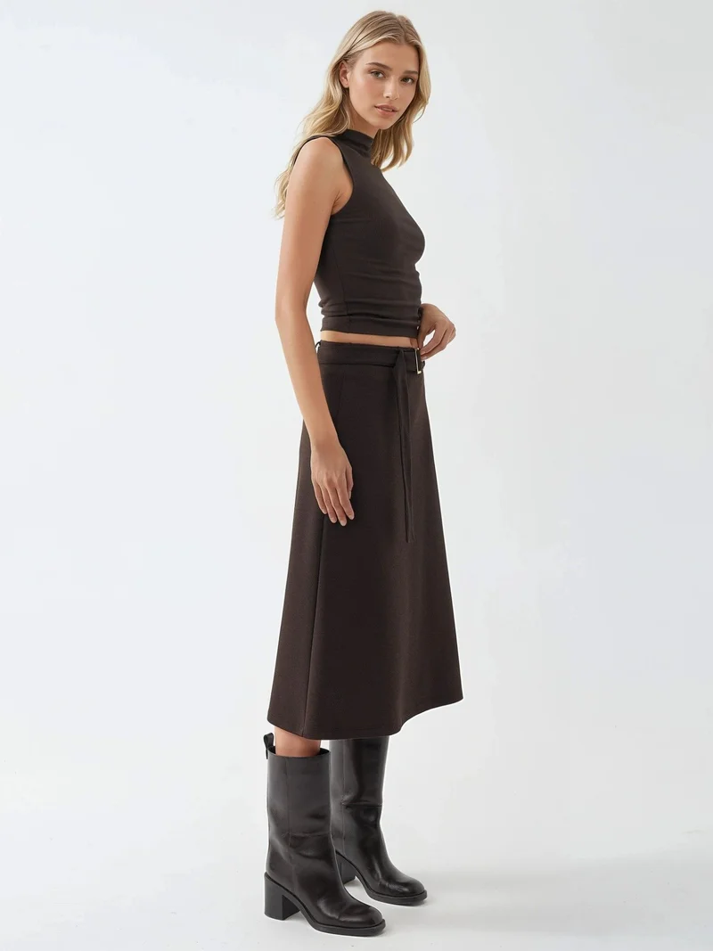 Busem Coffee Brown BUSEM High Waist Midi Skirt with Arched Detail for Women | Best Price UAE