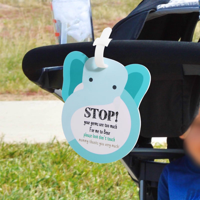 CORNERIA Elephant Baby Dont Touch Sign Car Seat Cover & Stroller Tag - 2 Set Vinyl Hard Board Baby Basket Tag with Hanging Straps - Image 4