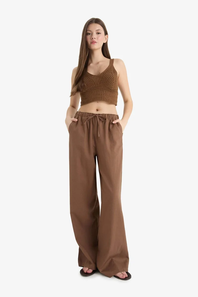 DeFacto Wide Leg Elastic Waist Linen Blend Trousers