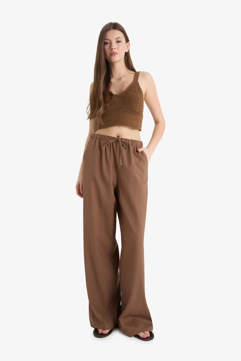 DeFacto Wide Leg Elastic Waist Linen Blend Trousers