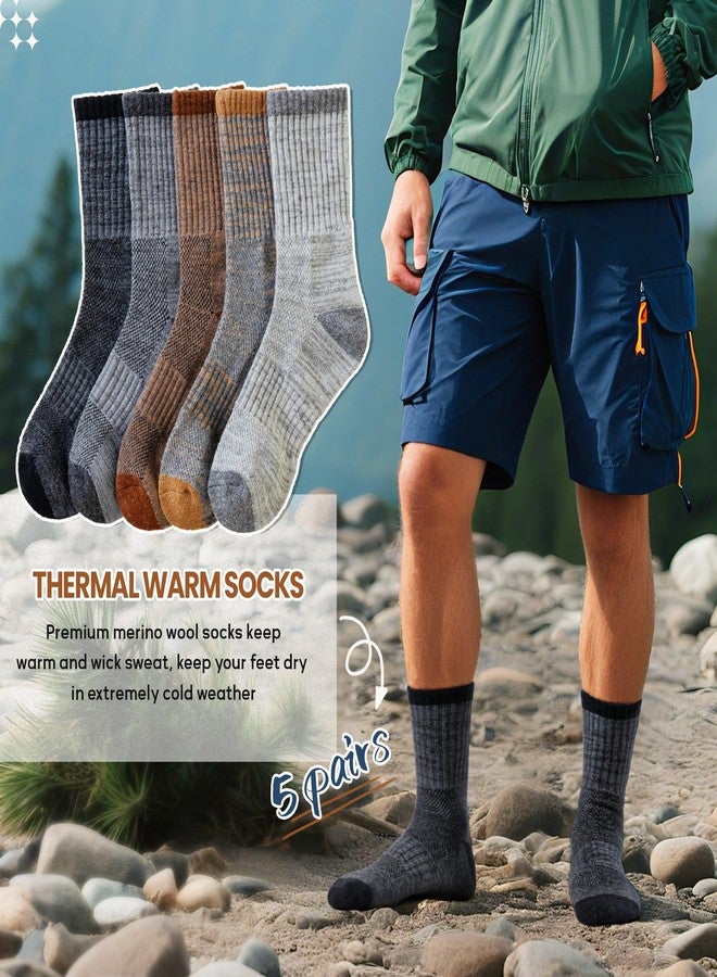 Eocom Merino Wool Hiking Socks for Women & Men Thermal Winter Warm Work Cushion Outdoor Crew Boot Socks 5 Pairs, Grey/Black/Brown, M - Image 3