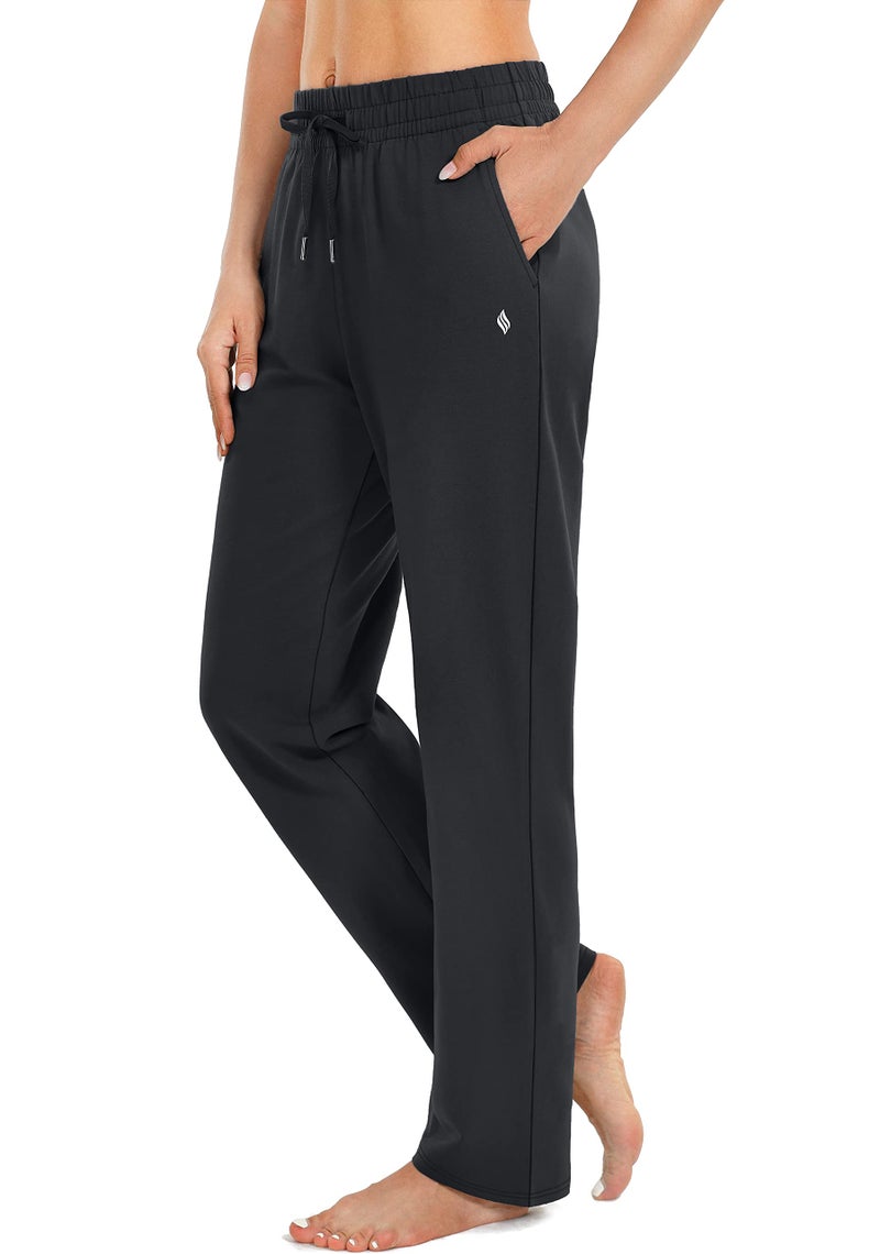 SANTINY Women's Cotton Sweatpants Yoga Lounge Casual Pants Open Bottom Sweat Pants for Women with Pockets (Black_XL) - Image 2