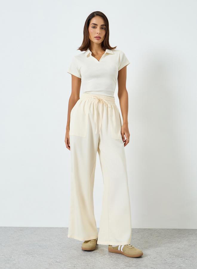 Take Two Women Beige Wide Leg Pants with Drawstring Waist - Image 1