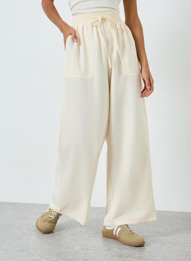 Take Two Women Beige Wide Leg Pants with Drawstring Waist - Image 2