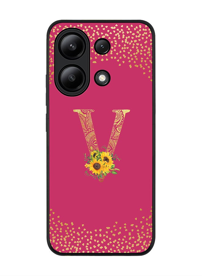 Stylizedd Rugged Black edge case for Xiaomi Redmi Note 13 4G, Custom Monogram Initial Letter Mandala Floral Pattern Alphabet - V ( Deep Pink Rose ) - Image 1