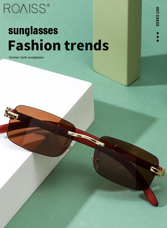 roaiss Women's Rectangular Rimless Sunglasses, UV400 Protection Sun Glasses with Wooden Texture Temples and Brown Lens, Fashion Anti-glare Sun Shades for Women with Glasses Case, 53mm - Image 2