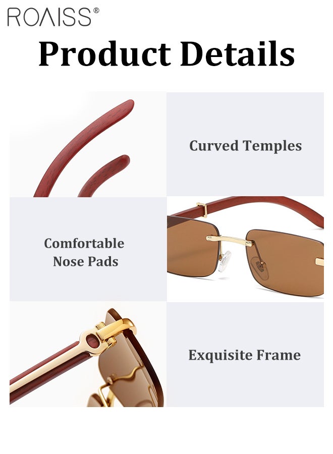 roaiss Women's Rectangular Rimless Sunglasses, UV400 Protection Sun Glasses with Wooden Texture Temples and Brown Lens, Fashion Anti-glare Sun Shades for Women with Glasses Case, 53mm - Image 5