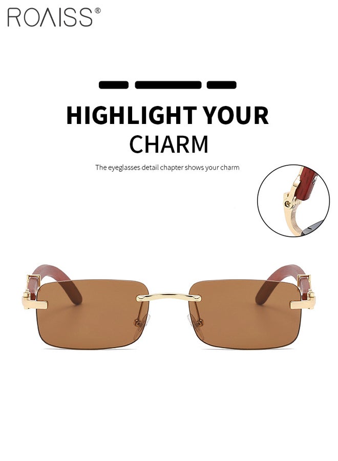 roaiss Women's Rectangular Rimless Sunglasses, UV400 Protection Sun Glasses with Wooden Texture Temples and Brown Lens, Fashion Anti-glare Sun Shades for Women with Glasses Case, 53mm - Image 3