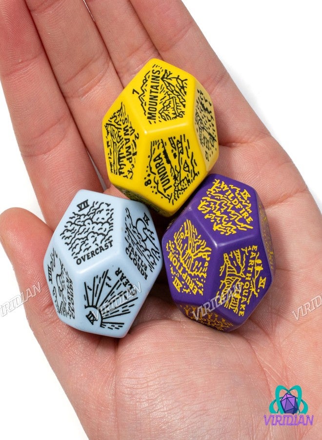 Viridian Weather, Severe Weather & Geography Generator Dice Set | 3 Jumbo D12s for D&D, Pathfinder & TTRPGs | Hand-Illustrated | Worldbuilding & Encounter Inspiration for Game Masters (Purple, Yellow, Blue) - Image 5