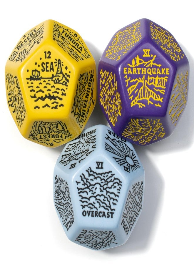 Viridian Weather, Severe Weather & Geography Generator Dice Set | 3 Jumbo D12s for D&D, Pathfinder & TTRPGs | Hand-Illustrated | Worldbuilding & Encounter Inspiration for Game Masters (Purple, Yellow, Blue) - Image 2