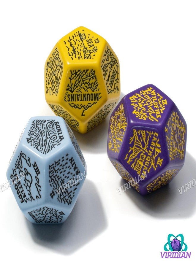 Viridian Weather, Severe Weather & Geography Generator Dice Set | 3 Jumbo D12s for D&D, Pathfinder & TTRPGs | Hand-Illustrated | Worldbuilding & Encounter Inspiration for Game Masters (Purple, Yellow, Blue) - Image 4