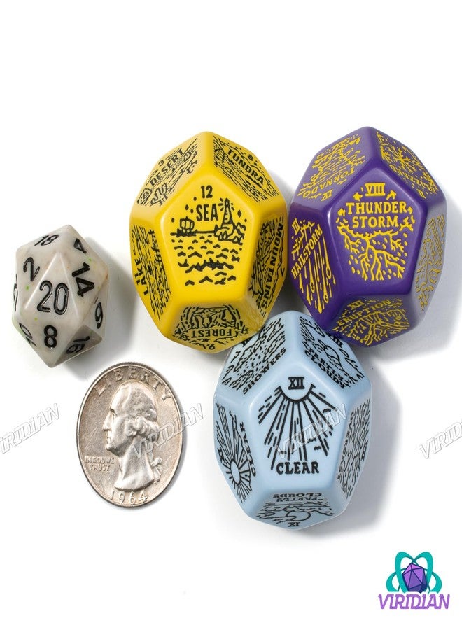 Viridian Weather, Severe Weather & Geography Generator Dice Set | 3 Jumbo D12s for D&D, Pathfinder & TTRPGs | Hand-Illustrated | Worldbuilding & Encounter Inspiration for Game Masters (Purple, Yellow, Blue) - Image 3