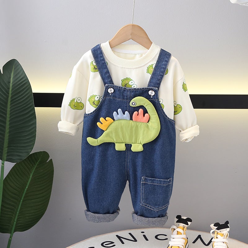Boys spring fashion casual two-piece set new spring and autumn three-dimensional dinosaur bear suspender trousers suit direct sales Three-color dinosaur