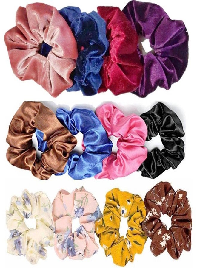 DIAN Multicolor Pack of 12 Hair Scrunchies, Hair Ponytail Holder, Hair Tie, Hair Bow, Hair Bands in Satin Solid, Velvet Fabric & Printed for Girl, Teens and Women - Image 1