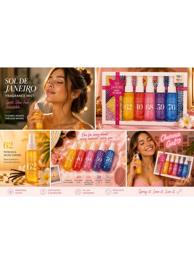Sol de Janeiro Spritz The Season Body Mist Gift Set | 5 x 30ml Mini Fragrance Mist Collection | Includes Cheirosa 62, 40, 68, 59 & 76 | Travel Size Perfume Spray Set - Image 3